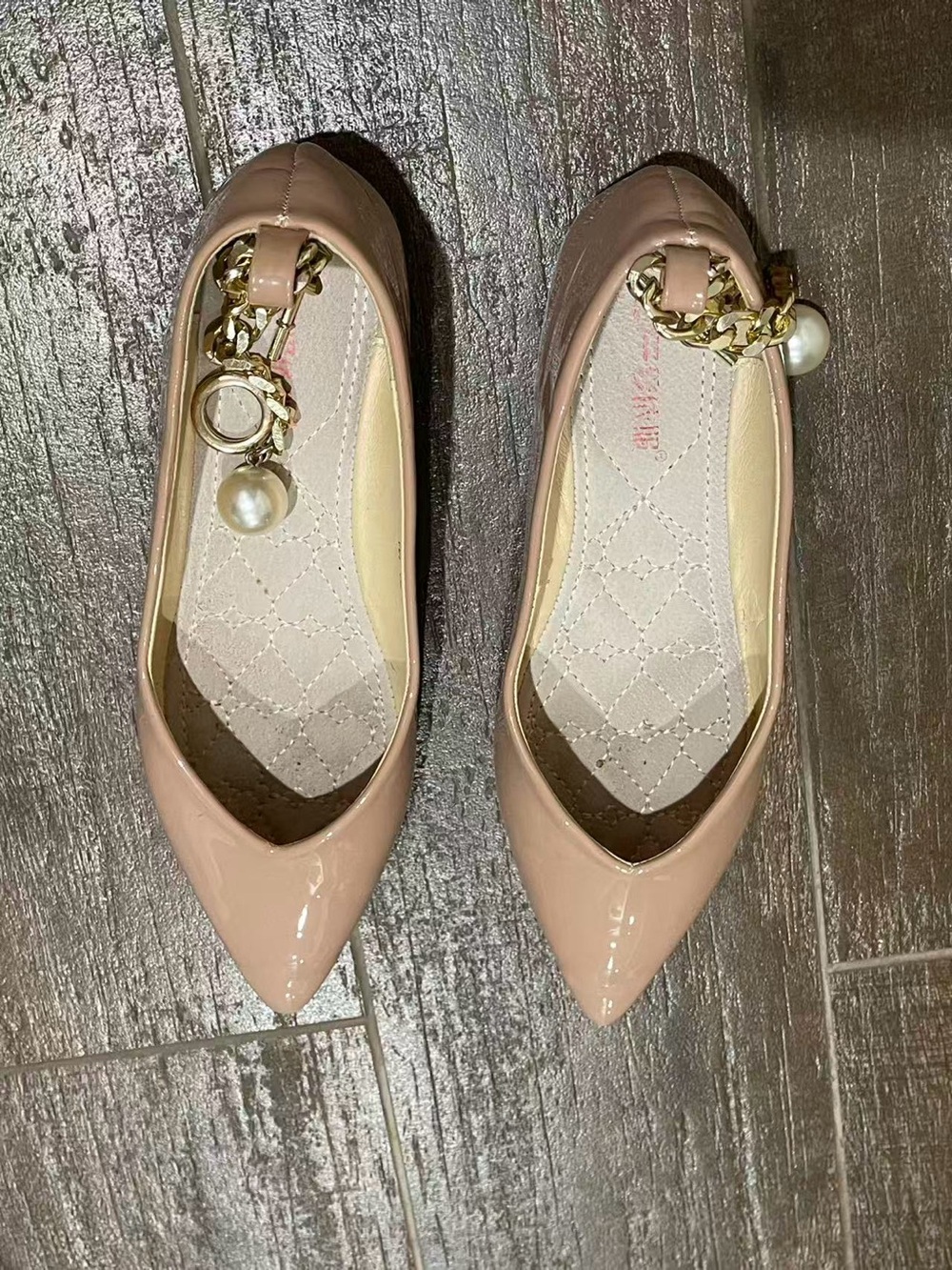 Pointed Toe Patent Ballet Flats with Pearl Chain Charm - Blush